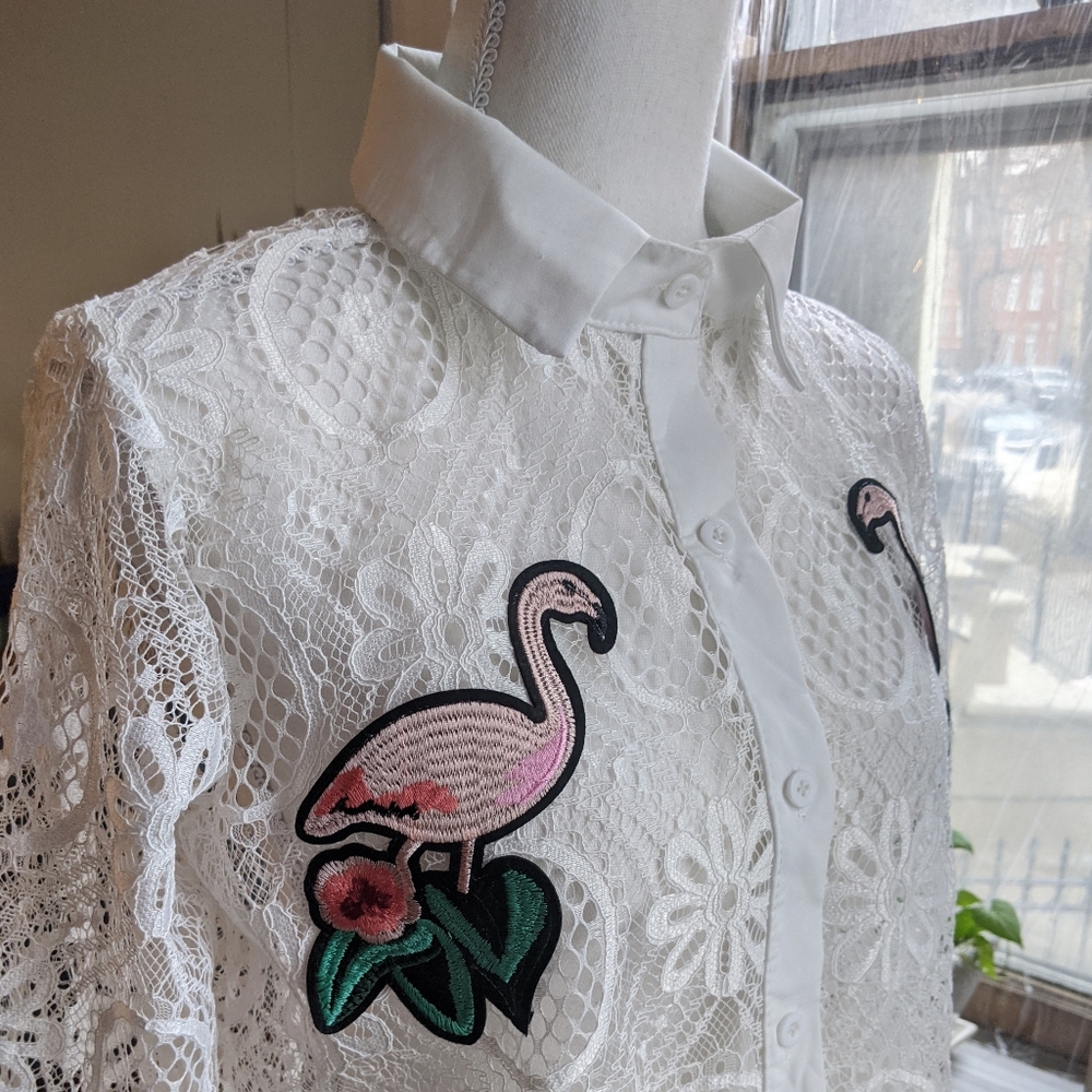 VTG sheer white button up w/ flamingo patches